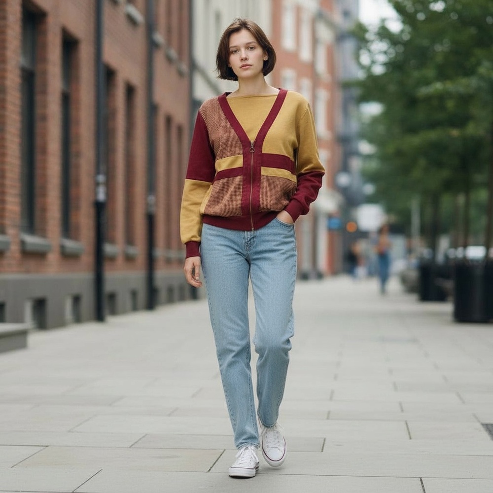 Vintage Burgundy and Tan Patchwork Sweater Top